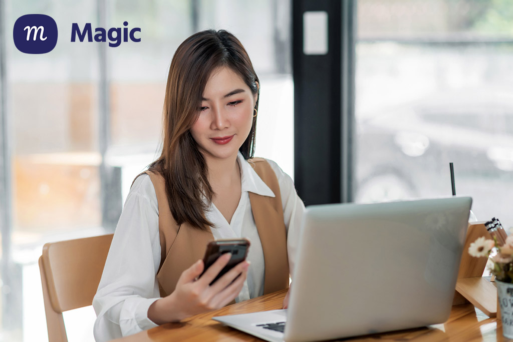 Magic Assistant checking her phone for tasks