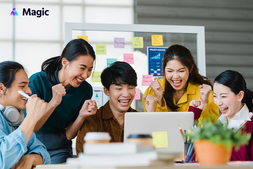 A team celebrating their marketing campaign success